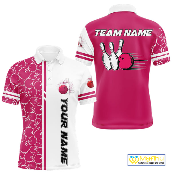 Men Bowling Polo, 1/4 Zip Shirt Custom white & pink camo vintage bowling shirts, mens bowling jersey NQS10458