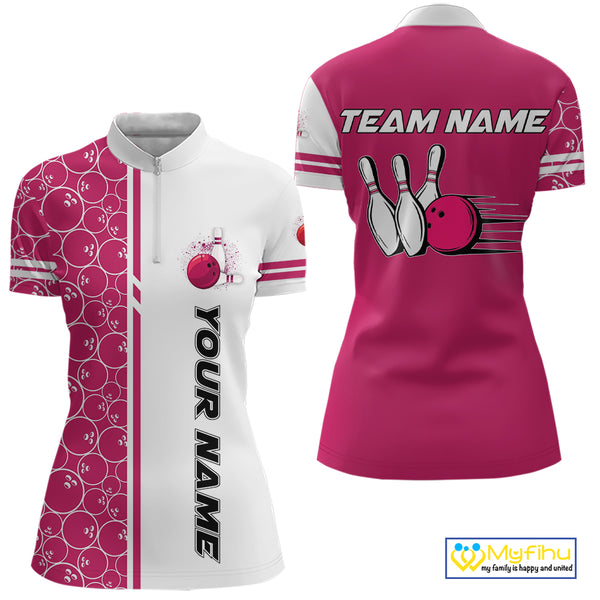 Women Bowling Polo, 1/4 Zip Shirt Custom retro white and pink camo vintage ladies bowling jerseys NQS10458
