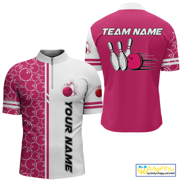 Men Bowling Polo, 1/4 Zip Shirt Custom white & pink camo vintage bowling shirts, mens bowling jersey NQS10458
