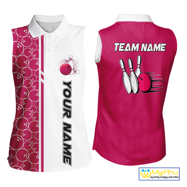 Women Bowling Sleeveless Polo Shirt Custom retro white and pink camo vintage ladies bowling jerseys NQS10458