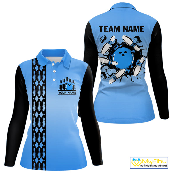 Personalized Black and Blue Retro Bowling Polo, Quarter Zip Team Shirts For Women Custom Bowling Gift NQS10459