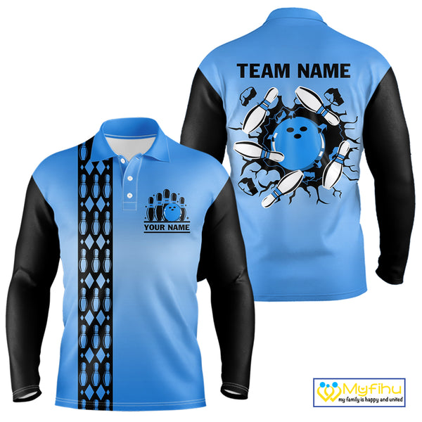 Personalized Black and Blue Retro Bowling Polo, Quarter Zip Team Shirts For Men Custom Bowling Gifts NQS10459