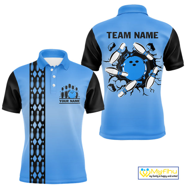 Personalized Black and Blue Retro Bowling Polo, Quarter Zip Team Shirts For Men Custom Bowling Gifts NQS10459
