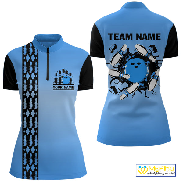 Personalized Black and Blue Retro Bowling Polo, Quarter Zip Team Shirts For Women Custom Bowling Gift NQS10459