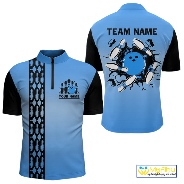 Personalized Black and Blue Retro Bowling Polo, Quarter Zip Team Shirts For Men Custom Bowling Gifts NQS10459