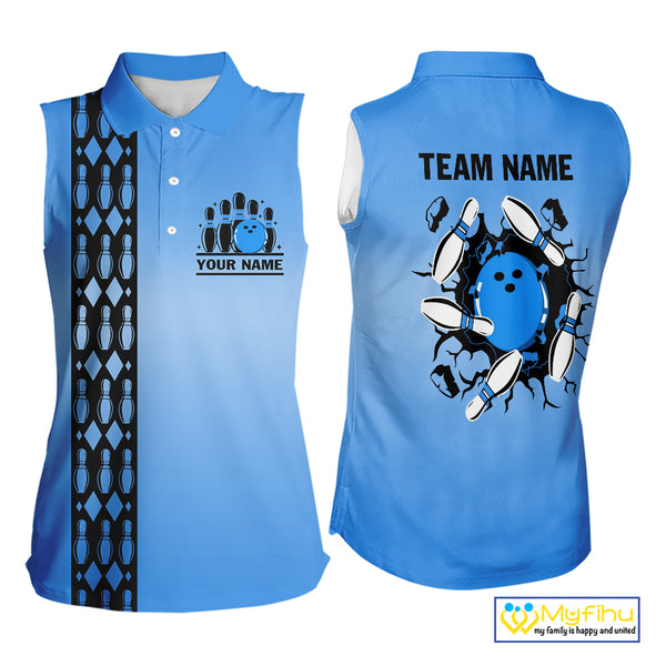 Personalized Black and Blue Retro Bowling Sleeveless Polo Team Shirts For Women Custom Bowling Gift NQS10459