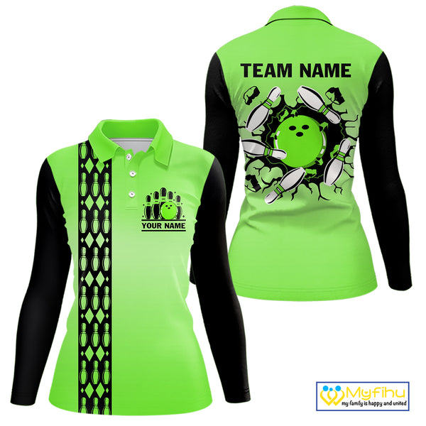 Personalized Black and Green Retro Bowling Polo, Quarter Zip Team Shirt For Women Custom Bowling Gift NQS10460