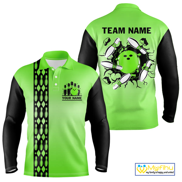 Personalized Black and Green Retro Bowling Polo, Quarter Zip Team Shirts For Men Custom Bowling Gifts NQS10460
