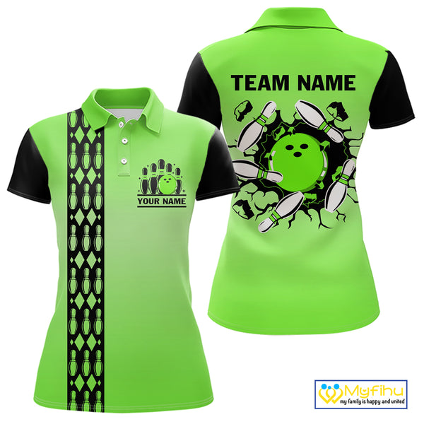 Personalized Black and Green Retro Bowling Polo, Quarter Zip Team Shirt For Women Custom Bowling Gift NQS10460