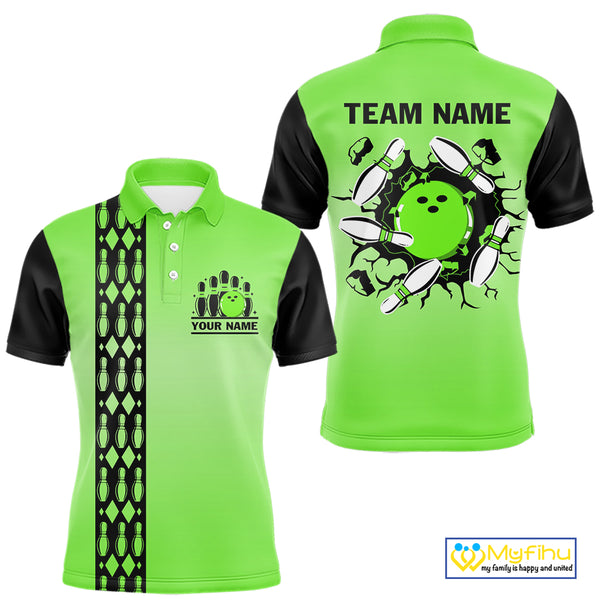Personalized Black and Green Retro Bowling Polo, Quarter Zip Team Shirts For Men Custom Bowling Gifts NQS10460