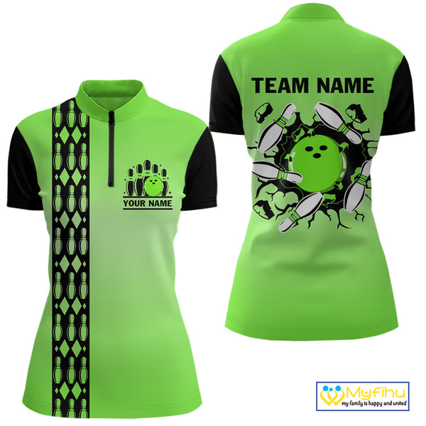 Personalized Black and Green Retro Bowling Polo, Quarter Zip Team Shirt For Women Custom Bowling Gift NQS10460