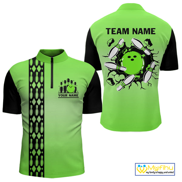 Personalized Black and Green Retro Bowling Polo, Quarter Zip Team Shirts For Men Custom Bowling Gifts NQS10460