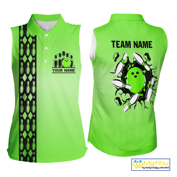 Personalized Black and Green Retro Bowling Sleeveless Polo Team Shirt For Women Custom Bowling Gift NQS10460