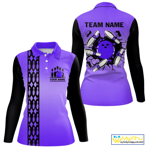 Personalized Black & Purple Retro Bowling Polo, Quarter Zip Team Shirt For Women Custom Bowling Gift NQS10461