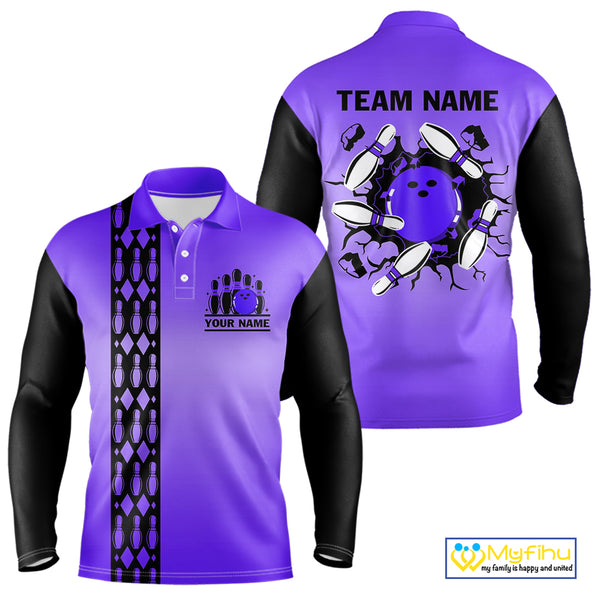 Personalized Black and Purple Retro Bowling Polo, Quarter Zip Team Shirt For Men Custom Bowling Gifts NQS10461
