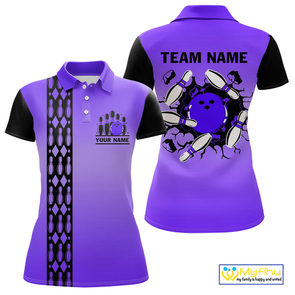 Personalized Black & Purple Retro Bowling Polo, Quarter Zip Team Shirt For Women Custom Bowling Gift NQS10461