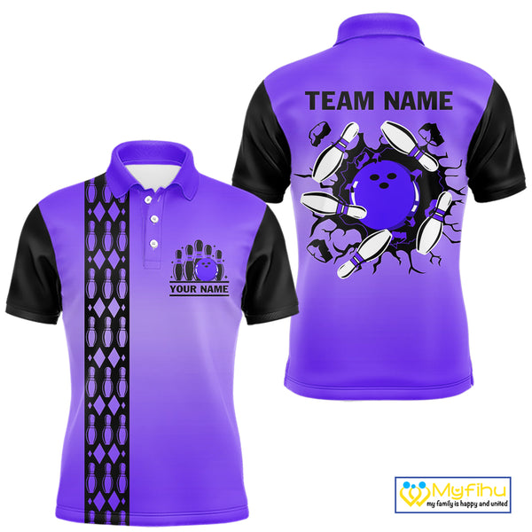 Personalized Black and Purple Retro Bowling Polo, Quarter Zip Team Shirt For Men Custom Bowling Gifts NQS10461