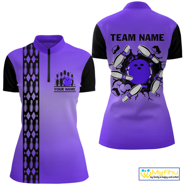 Personalized Black & Purple Retro Bowling Polo, Quarter Zip Team Shirt For Women Custom Bowling Gift NQS10461
