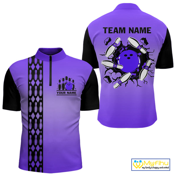 Personalized Black and Purple Retro Bowling Polo, Quarter Zip Team Shirt For Men Custom Bowling Gifts NQS10461