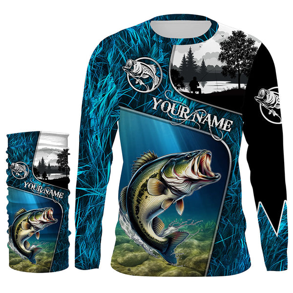 Bass fishing Blue camo UV protection Customize name long sleeves personalized gift for Adult, kid NQS853