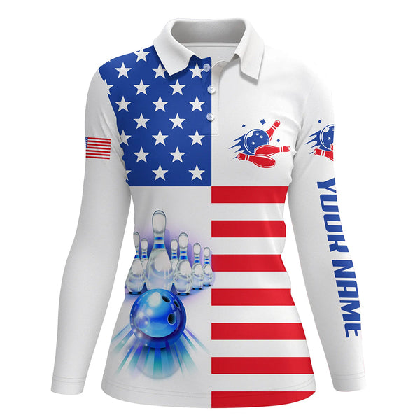 Women bowling polo shirts Custom American flag patriotic Bowling Team Jersey, customize bowling shirts NQS6384