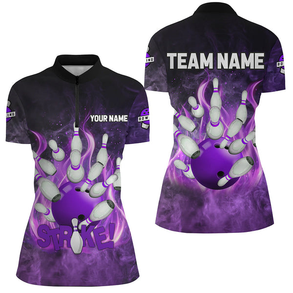 Purple Flame Strike Bowling Shirts For Women Custom Bowling Team League Jerseys, womens bowling shirts NQS8476