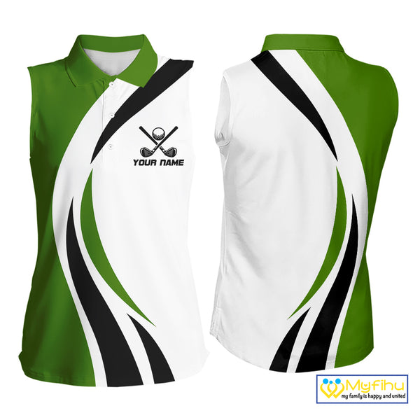 Green and White Women Sleeveless golf polo shirt Custom golf attire for ladies, gifts for golf lovers NQS10664