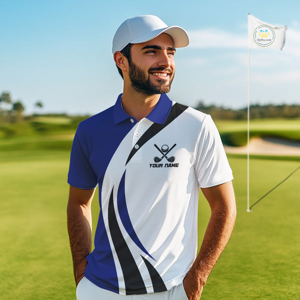 Blue and White Men golf polo shirt Custom golf attire for men, gifts for golf lovers NQS10665