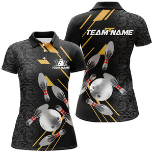 Silver Bowling Ball pins Team bowling shirts for women custom bowling Polo, Quarter zip jersey | Black NQS8732