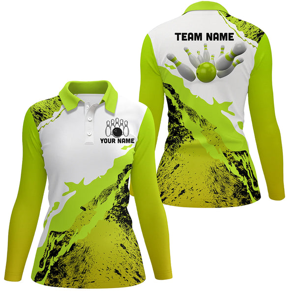 Green grunge Women Bowling shirts Custom Bowling ball and pins Team league Jerseys, gifts for bowlers NQS8945