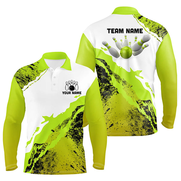 Green grunge Mens Bowling shirts Custom Bowling ball and pins Team league Jerseys, gifts for bowlers NQS8945