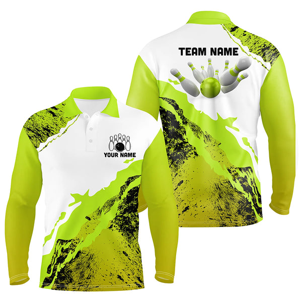 Green grunge Mens Bowling shirts Custom Bowling ball and pins Team league Jerseys, gifts for bowlers NQS8945