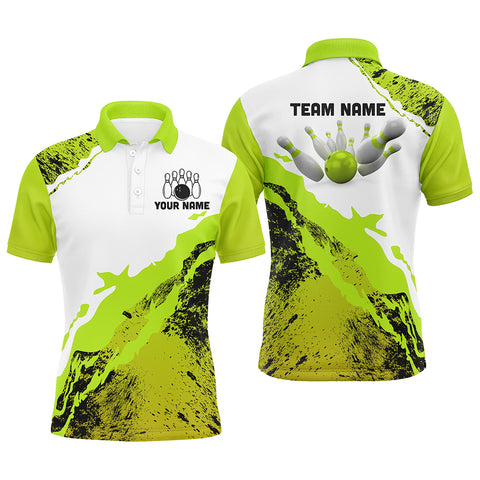 Green grunge Mens Bowling shirts Custom Bowling ball and pins Team league Jerseys, gifts for bowlers NQS8945