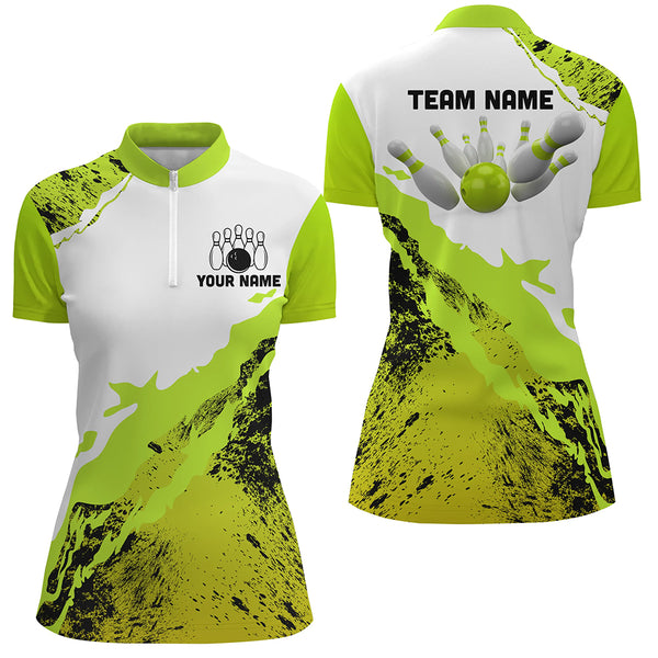 Green grunge Women Bowling shirts Custom Bowling ball and pins Team league Jerseys, gifts for bowlers NQS8945