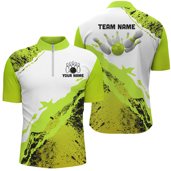 Green grunge Mens Bowling shirts Custom Bowling ball and pins Team league Jerseys, gifts for bowlers NQS8945