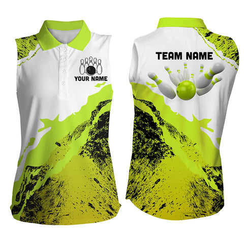 Green grunge Women Bowling Sleeveless Polo Shirt Custom Bowling ball and pins Team league Jerseys NQS8945