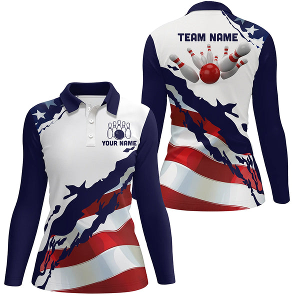 Red, white and blue American Flag Bowling shirts for Women Custom patriotic Bowling Team Jerseys NQS8946