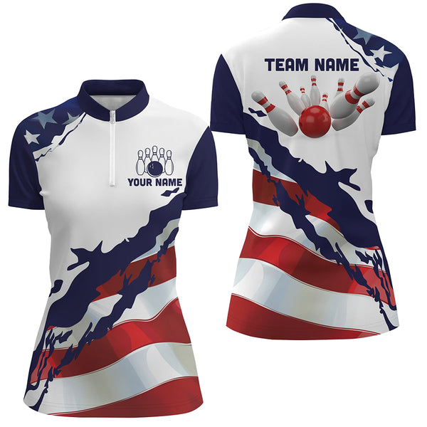 Red, white and blue American Flag Bowling shirts for Women Custom patriotic Bowling Team Jerseys NQS8946