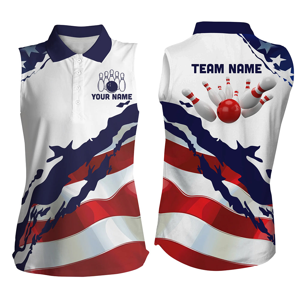 Red, white and blue American Flag Bowling Sleeveless Polo shirt Custom patriotic Bowling Team Jerseys NQS8946