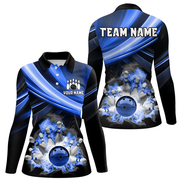 Personalized Black and Blue Smoke Flame Bowling Polo, 1/4 Zip Shirts For Women, cool bowling jerseys NQS9543