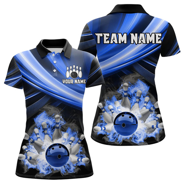 Personalized Black and Blue Smoke Flame Bowling Polo, 1/4 Zip Shirts For Women, cool bowling jerseys NQS9543