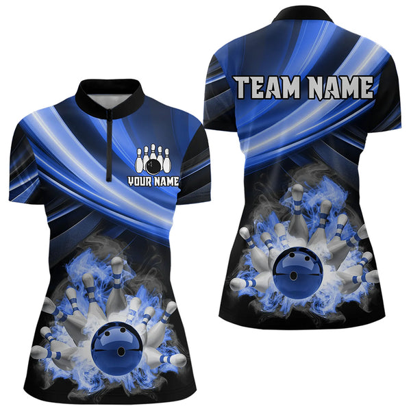 Personalized Black and Blue Smoke Flame Bowling Polo, 1/4 Zip Shirts For Women, cool bowling jerseys NQS9543