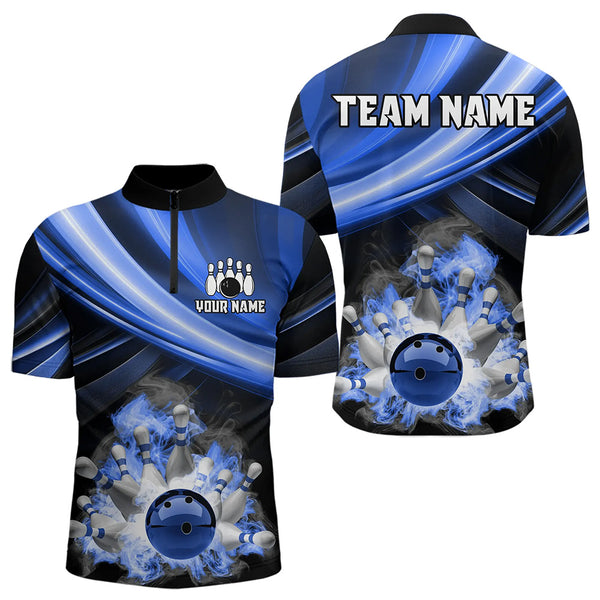 Personalized Black and Blue Smoke Flame Bowling Polo, 1/4 Zip Shirts For Men, cool bowling jerseys NQS9543