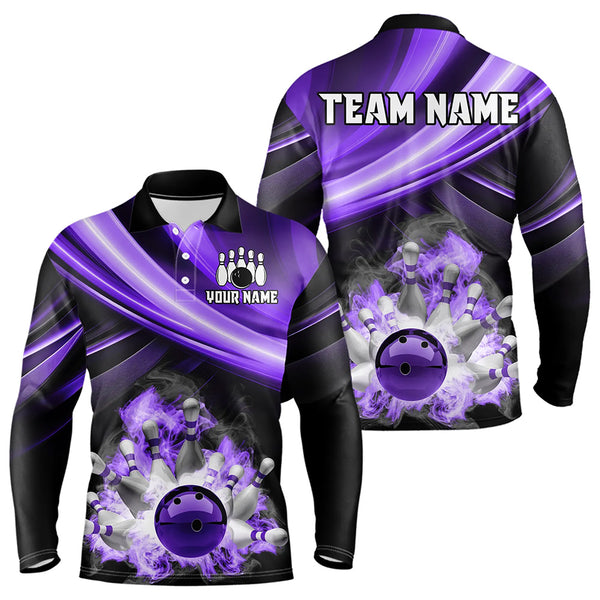 Personalized Black and Purple Smoke Flame Bowling Polo, 1/4 Zip Shirts For Men, cool bowling jerseys NQS9544