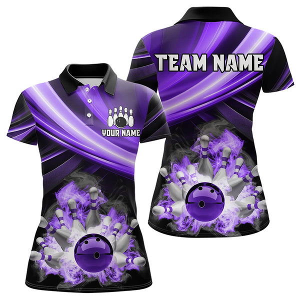 Personalized Black and Purple Smoke Flame Bowling Polo, 1/4 Zip Shirts For Women, cool bowling jerseys NQS9544
