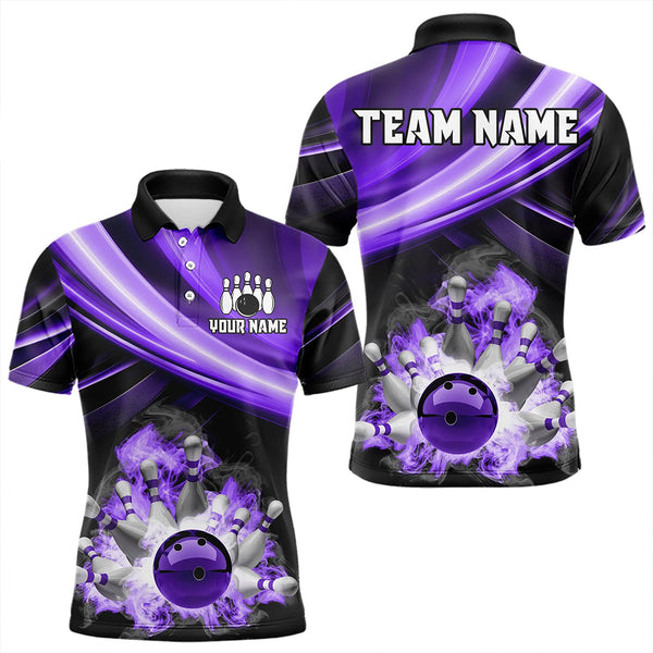 Personalized Black and Purple Smoke Flame Bowling Polo, 1/4 Zip Shirts For Men, cool bowling jerseys NQS9544
