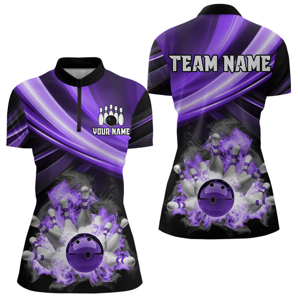Personalized Black and Purple Smoke Flame Bowling Polo, 1/4 Zip Shirts For Women, cool bowling jerseys NQS9544
