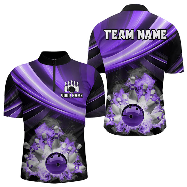 Personalized Black and Purple Smoke Flame Bowling Polo, 1/4 Zip Shirts For Men, cool bowling jerseys NQS9544