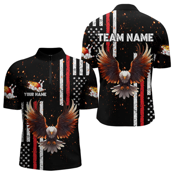 Personalized Black American Flag Flame Eagle Bowling Shirts For Men Custom patriotic bowling jerseys NQS9549