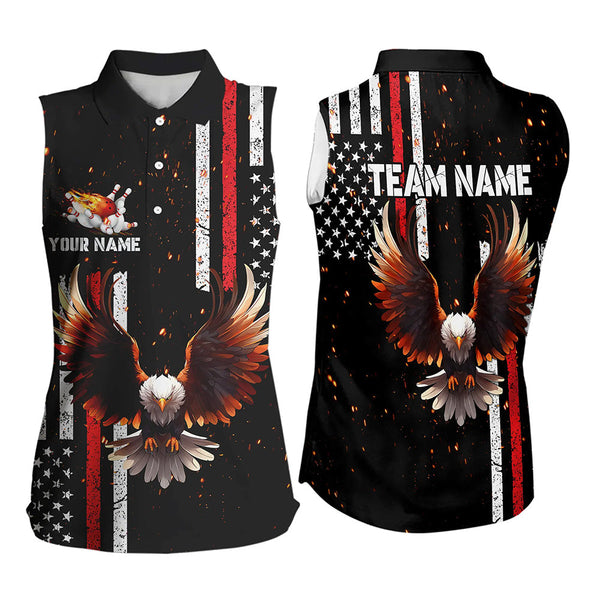 Personalized Black American Flag Flame Eagle Bowling Sleeveless Polo Shirts patriotic bowling jerseys NQS9549